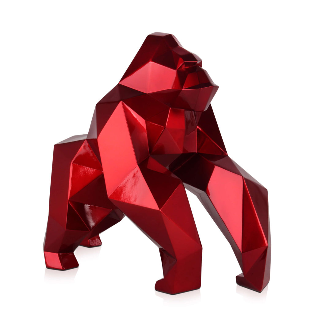Scultura Gorilla sfaccettato rosso metallizzato in resina