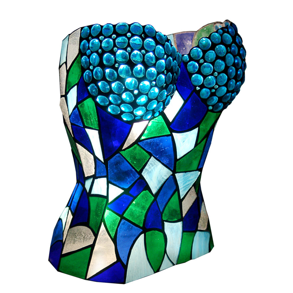 Lampada Tiffany scultura da tavolo corpetto verde, blu e azzurro