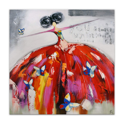 Quadro dipinto a mano ritraente donna con vestito vaporoso rosso e farfalle blu intorno