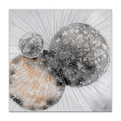 Quadro materico astratto raffigurante tre sfere di diversa dimensione nei toni dell'argento e del rosa anticato