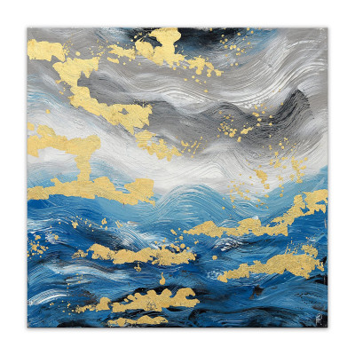 Dipinto astratto raffigurante un mare nei toni grigi, blu e dorati