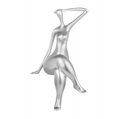 Statuetta figurativa in resina argento effetto metallo di donna seduta con gambe accavallate