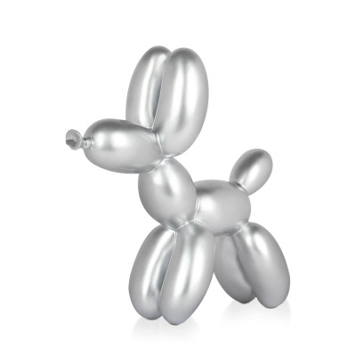 Scultura in resina con finitura argento opaco rappresentante un palloncino a forma di cane