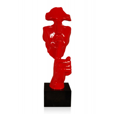 Scultura in resina di colore rosso laccato con Viso astratto di un uomo che fa il segno del silenzio