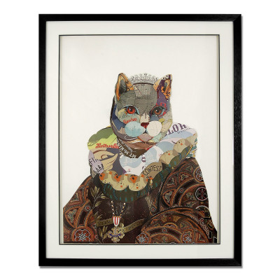Quadro 3D con soggetto gatto abbigliato come una antica sovrana realizzato con ritagli con trame e colori multipli
