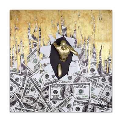 WS009X1 - Quadro con scultura Dollars breaking oro