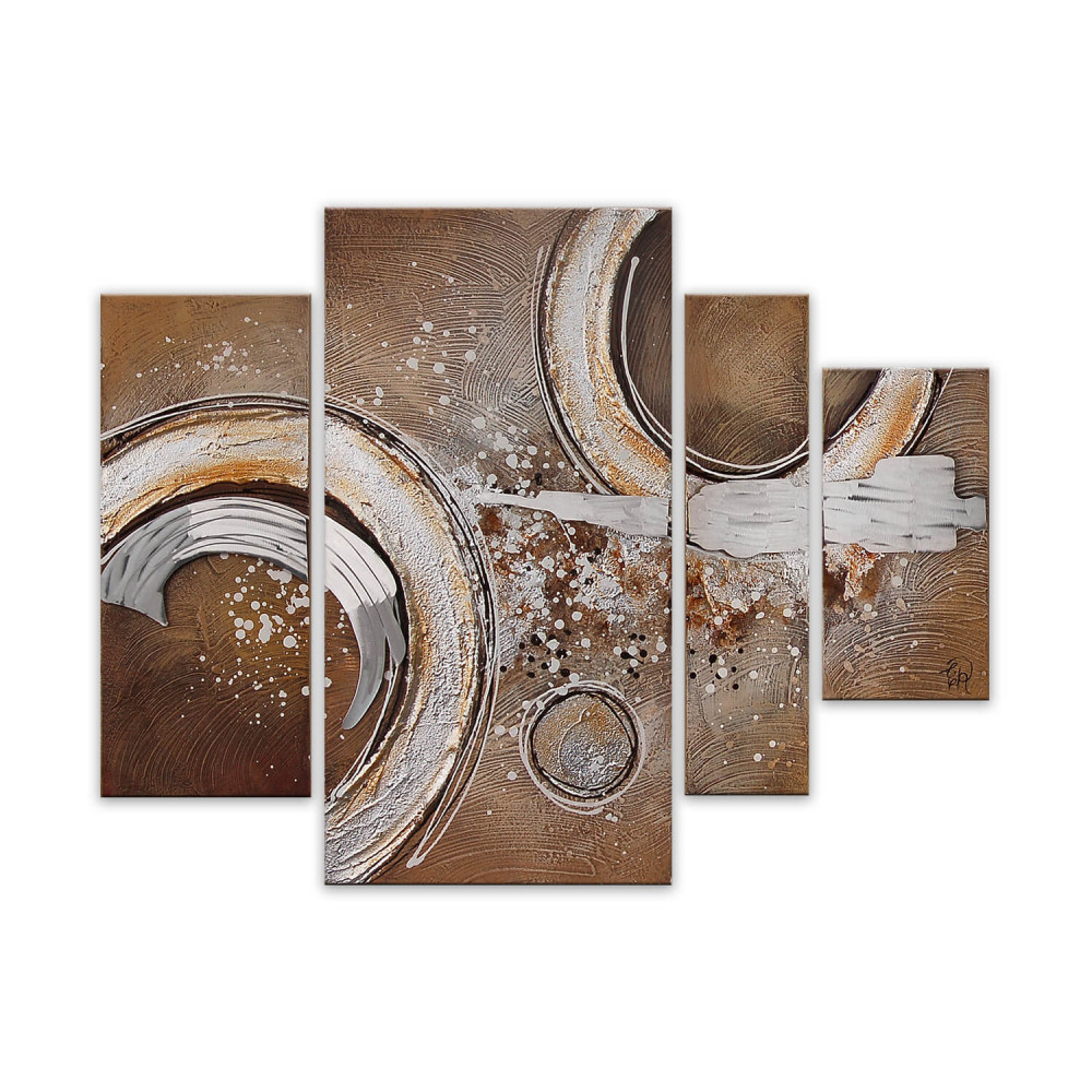 Soggetto astratto nei toni del marrone dipinto su 4 telai estetici alti con inserti in metallo