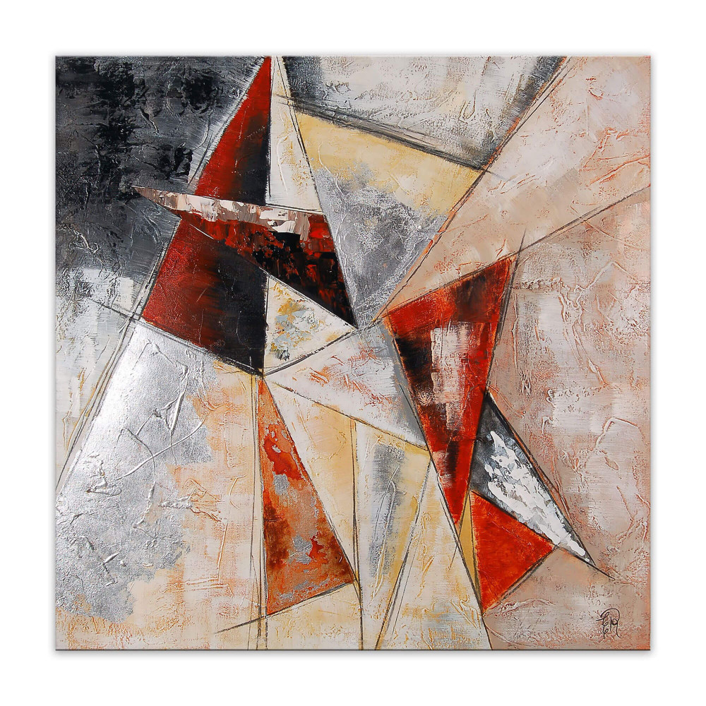 Dipinto materico astratto con soggetto astratto raffigurante triangoli rossi, bianchi e neri su sfondo ocra