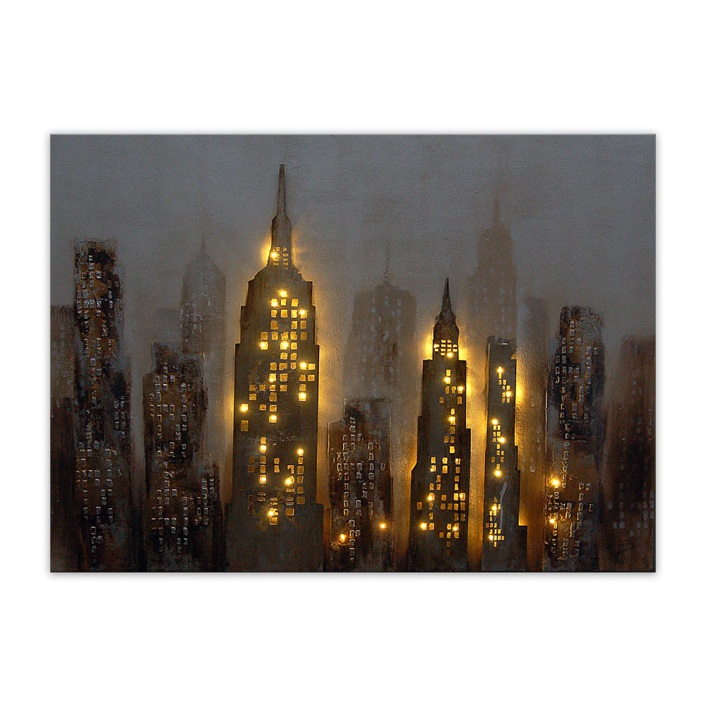 Dipinto materico con soggetto skyline cittadino impreziosito da sistema di illuminazione a led per finestre dei grattacieli
