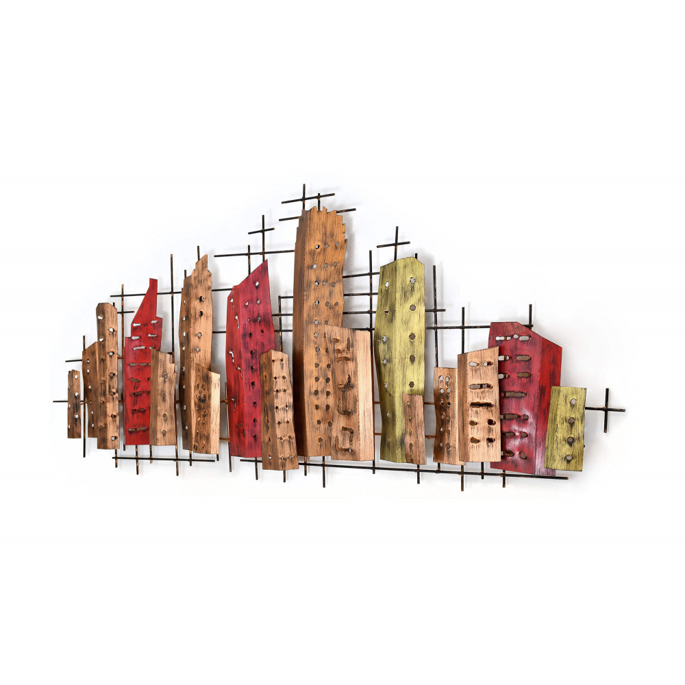 Quadro in metallo 3d da appendere a muro e raffigurante lo skyline di una città