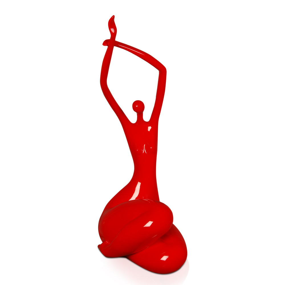 Scultura in resina con laccatura rossa rappresentante una figura femminile che stiracchia braccia e schiena