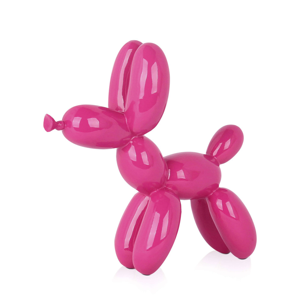 Scultura in resina raffigurante un palloncino in resina rosa laccata a forma di cane