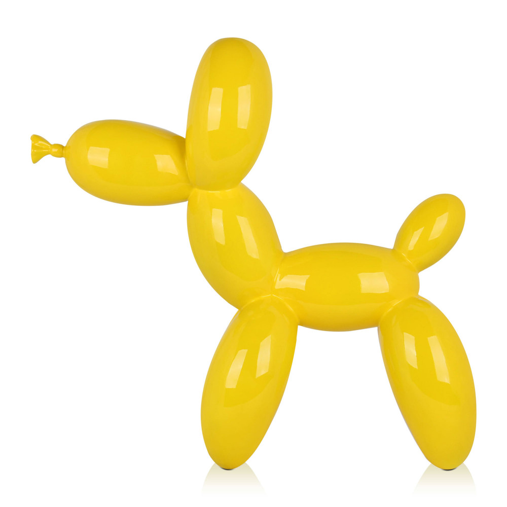Statua in resina artigianale rappresentante un palloncino a forma di cagnolino con rivestimento laccato giallo