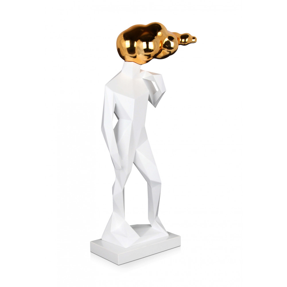 Statuetta in resina bianca sfaccettata del David con testa avvolta da nuvola color oro