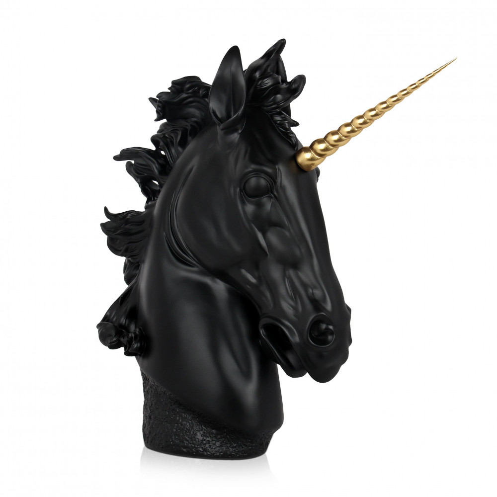Scultura in resina raffigurante la testa di un unicorno nero con corno color oro