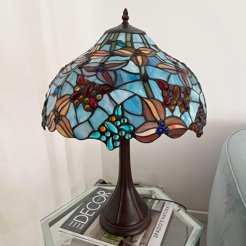 GB16728 - Lampada da tavolo Tiffany fiori e farfalle azzurro