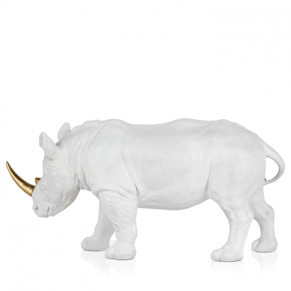 Scultura in resina che mostra un rinoceronte bianco con corno dorato