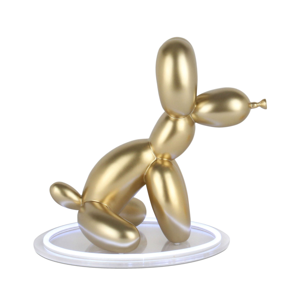 Statua lampada a led cane palloncino seduto in resina color oro metallizzato