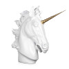 Scultura in resina raffigurante la testa di un unicorno bianco con corno color oro