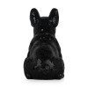 Vista posteriore di scultura decorata in vetro nero con soggetto bulldog francese seduto