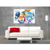 Ambiente living moderno con divano bianco e quadro materico astratto con forme geometriche multicolore a parete