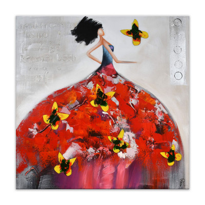Quadro dipinto a mano ritraente donna con vestito vaporoso rosso e farfalle nella fantasia
