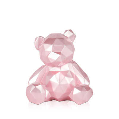 Scultura in resina raffigurante un orsetto con superficie sfaccettata rosa perla