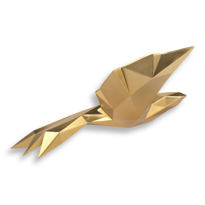 Scultura sfaccettata in resina effetto metallo dorato a forma di uccellino origami
