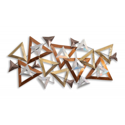 Quadro in metallo raffigurante una composizione astratta di triangoli dorati, argentei, bronzei e in rame