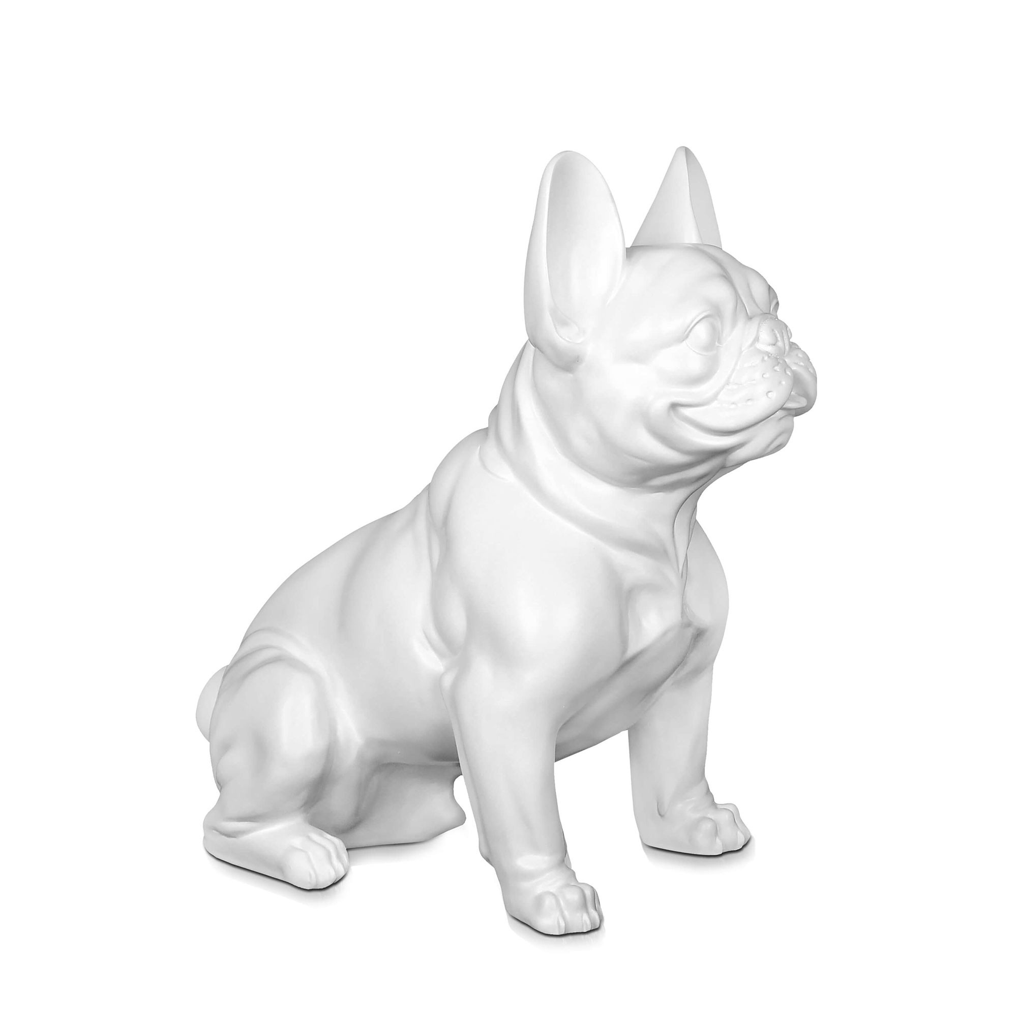 Resin sculpture depicting a white seated French bulldog