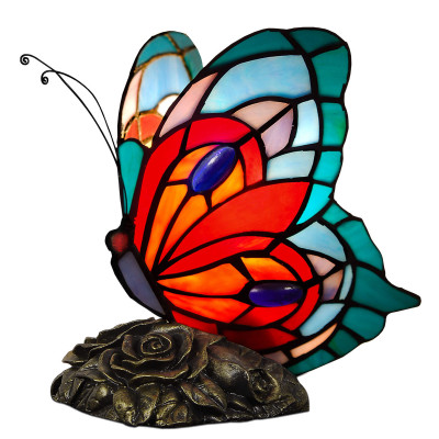 AB08019 - Tiffany style red, orange, blue and turquoise Butterfly bedside table lamp.