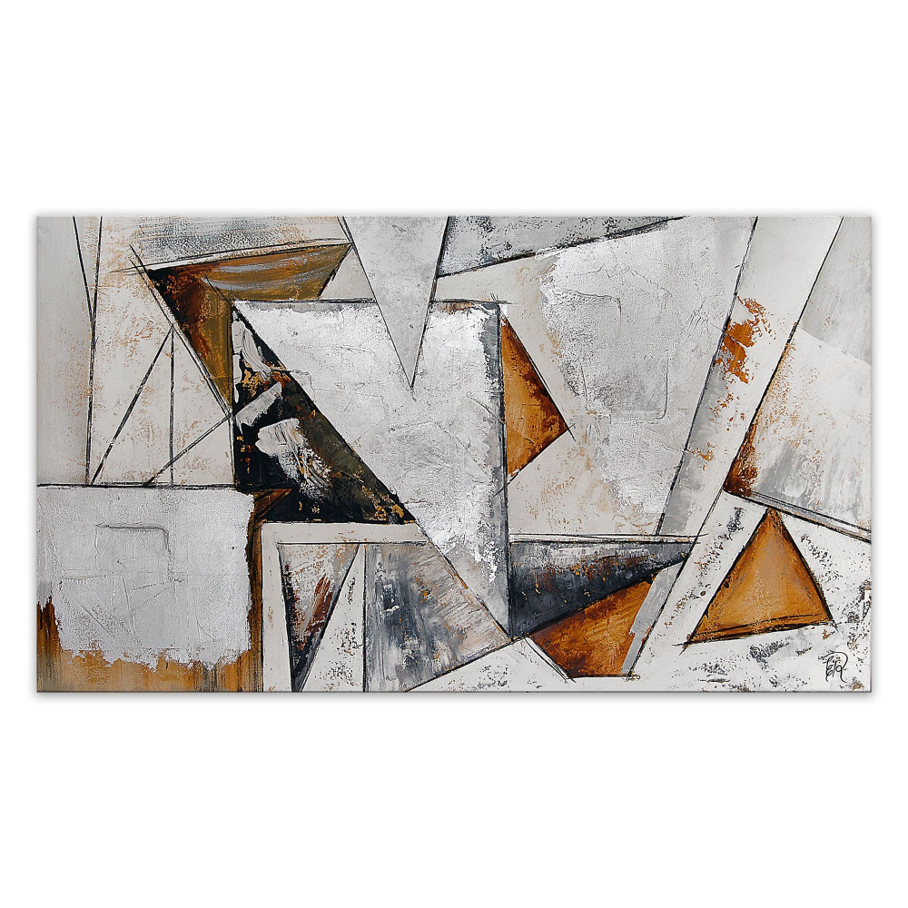 Quadro materico con soggetto astratto raffigurante composizione di triangoli argento, oro e nero