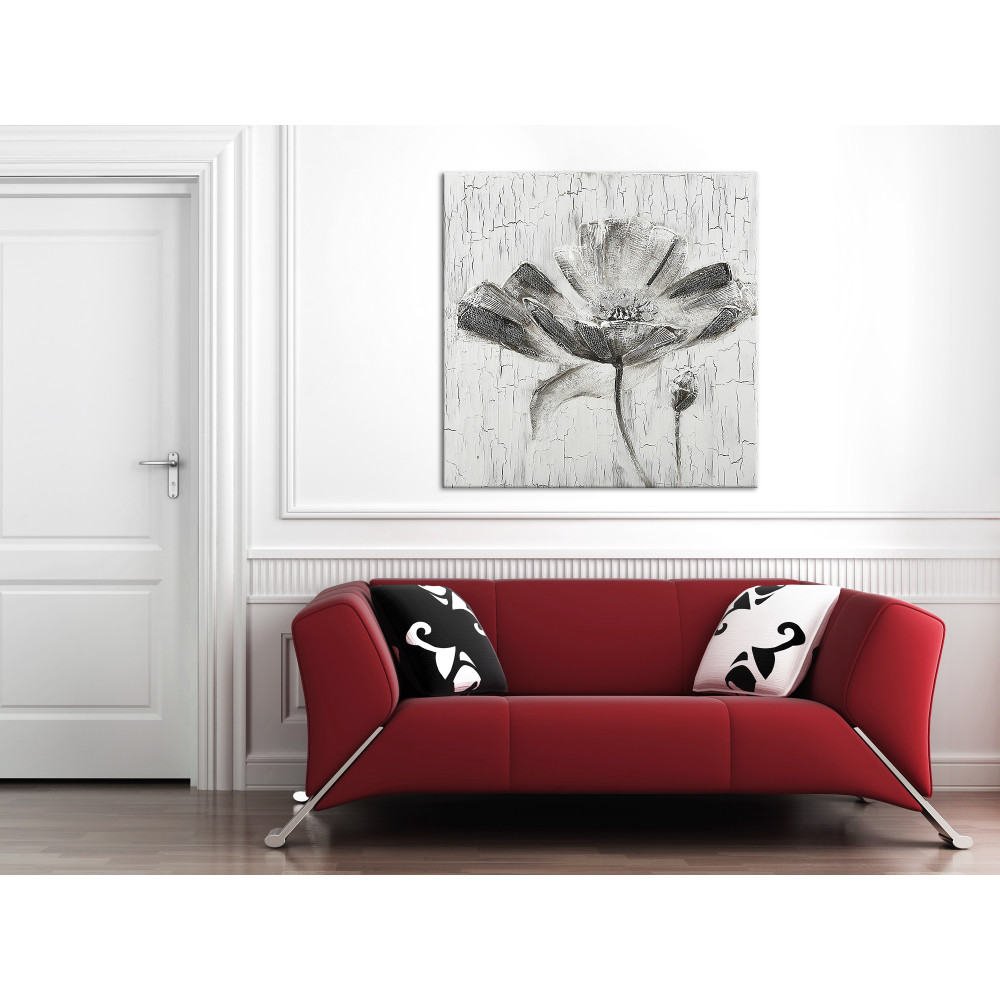Ambiente living moderno impreziosito da quadro su telaio estetico alto con soggetto papaveri bianchi