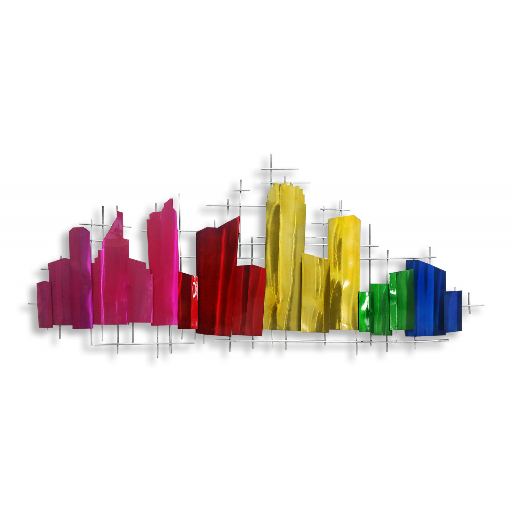 Quadro in metallo raffigurante uno skyline cittadino con lamine colorate