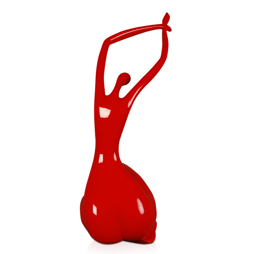 Vista posteriore di statuetta in resina rossa con profilo femminile che stira braccia verso il cielo