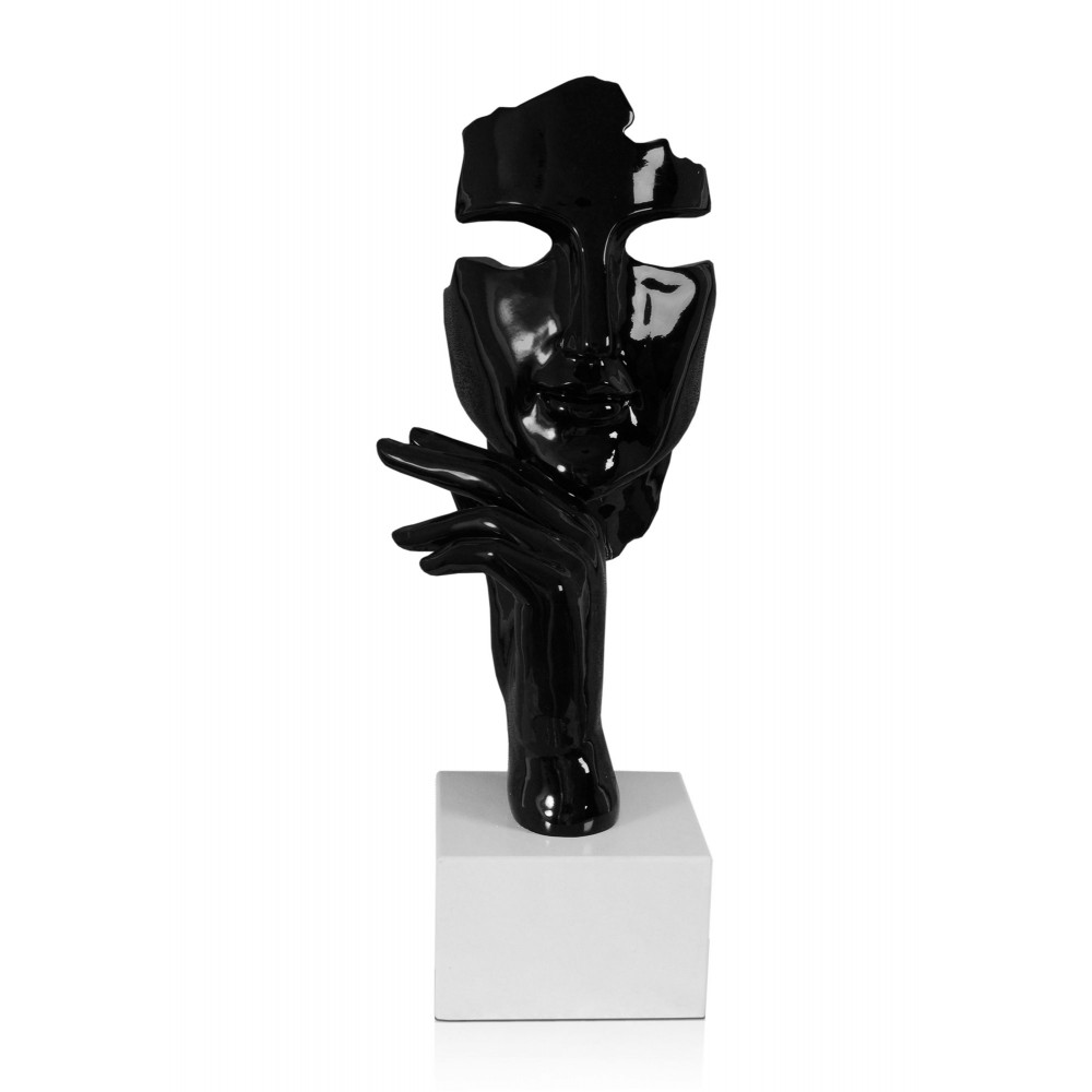 Scultura in resina nera raffigurante in forma astratta il viso di una donna con una mano appoggiata sotto al mento