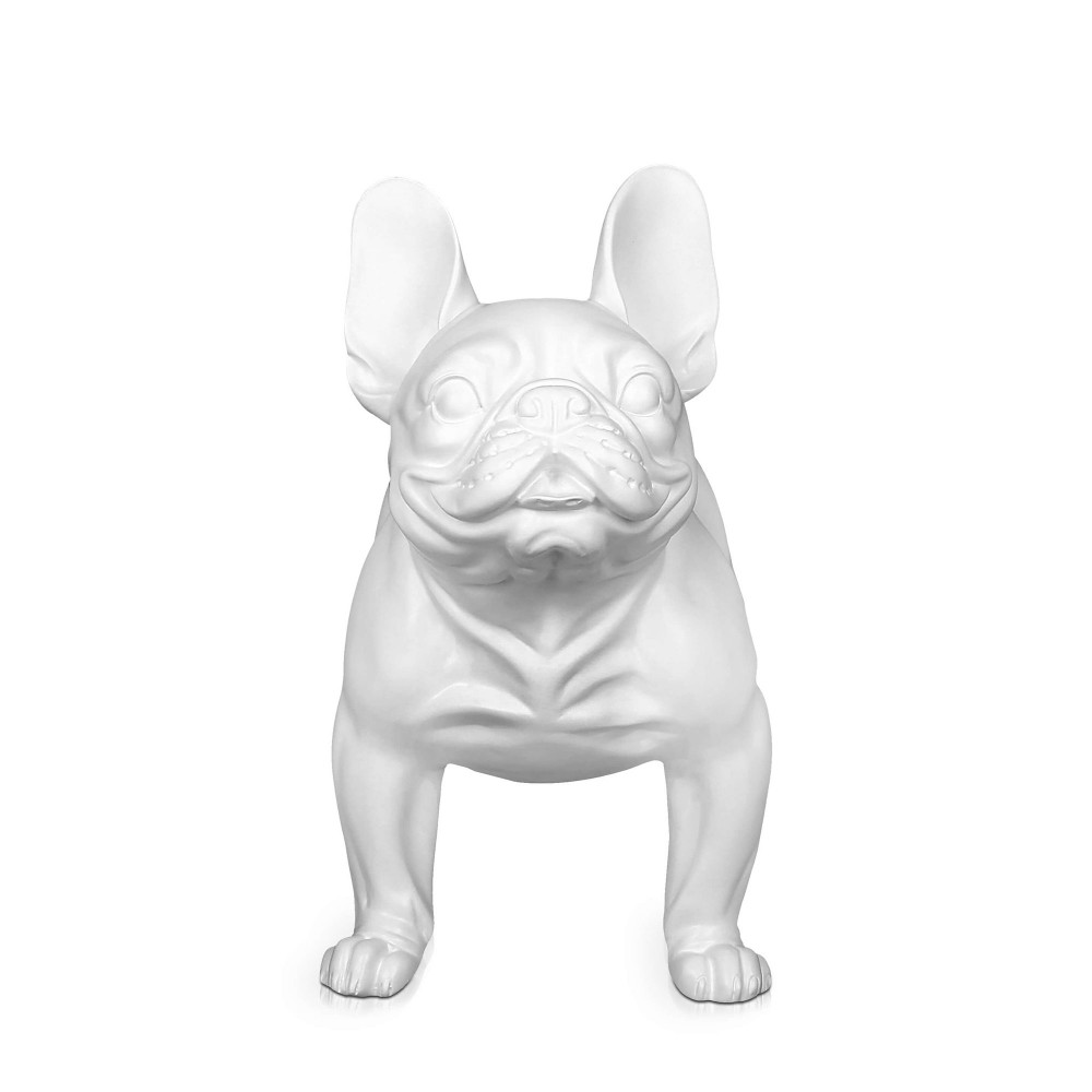 Vista frontale di statuetta moderna raffigurante un bulldog francese di colore bianco