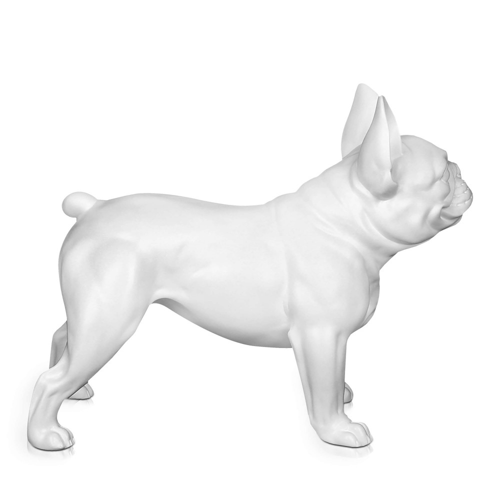 Vista laterale di scultura ispirata a bulldog francese in colore bianco satinato