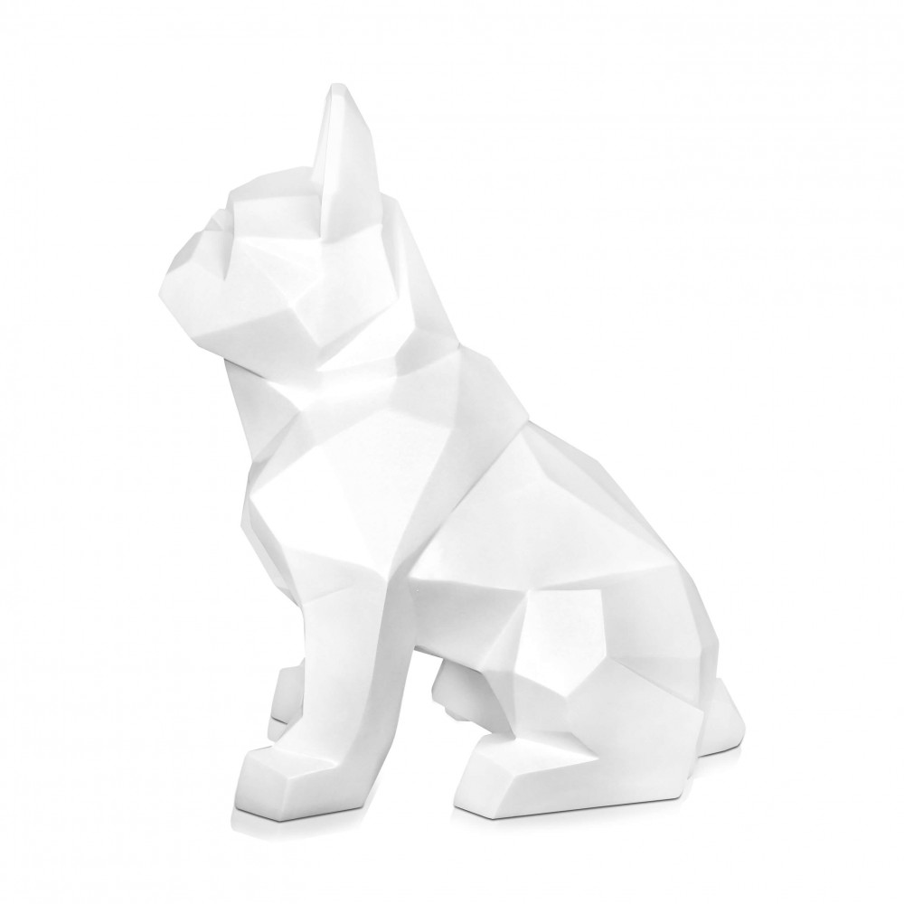 Bulldog francese in resina satinata bianca visto di profilo