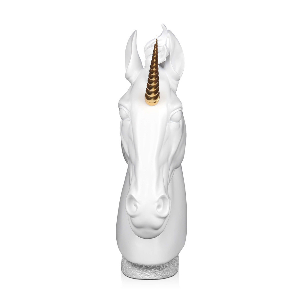 Scultura in resina bianca e oro con una testa di unicorno con criniera mossa dal vento