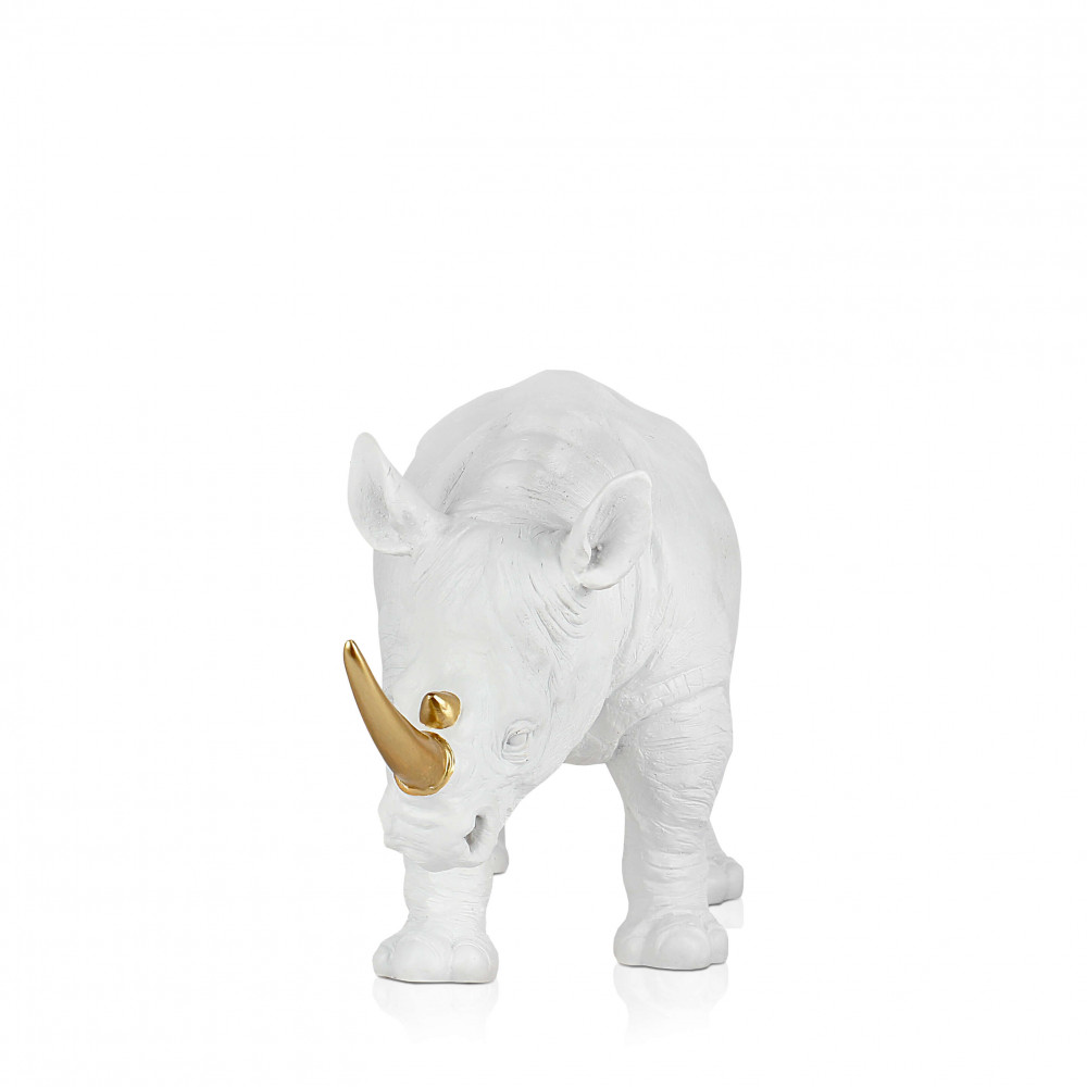 Scultura realistica in resina bianco e oro che riproduce la figura di un rinoceronte