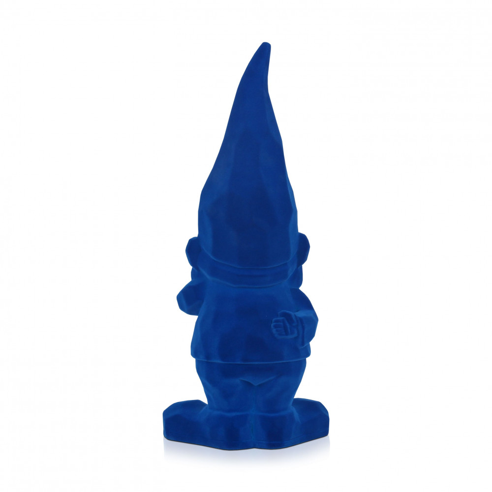 Gnomo blu in resina effetto velluto con un buffo cappello a punta