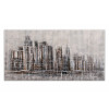 Profilo di città stilizzato con pennellate grigie e marroni su tela rettangolare