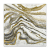 Dipinto materico astratto con linee ondulate color oro su sfondo bianco e grigio