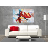 Salotto moderno con divano bianco e quadro astratto su telaio estetico con soggetto un turbine rosso