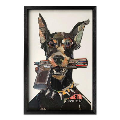 SA034A1 - Doberman with gun in mouth collage painting