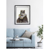 Salotto minimal impreziosito con collage 3D raffigurante gatto in abiti aristocratici