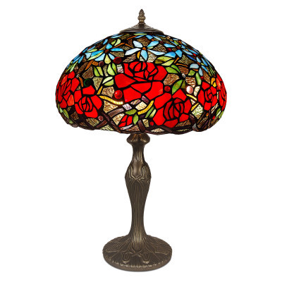 GF16414 - Lampe de table florale roses rouges et fleurs bleues