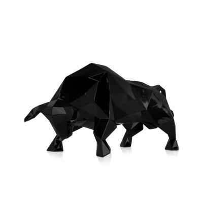 Statua Toro in resina nera laccata con stile minimal e geometrico