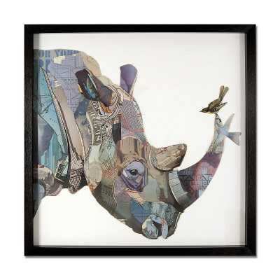 SA059A1 - Cuadro collage Rinoceronte con pájaros